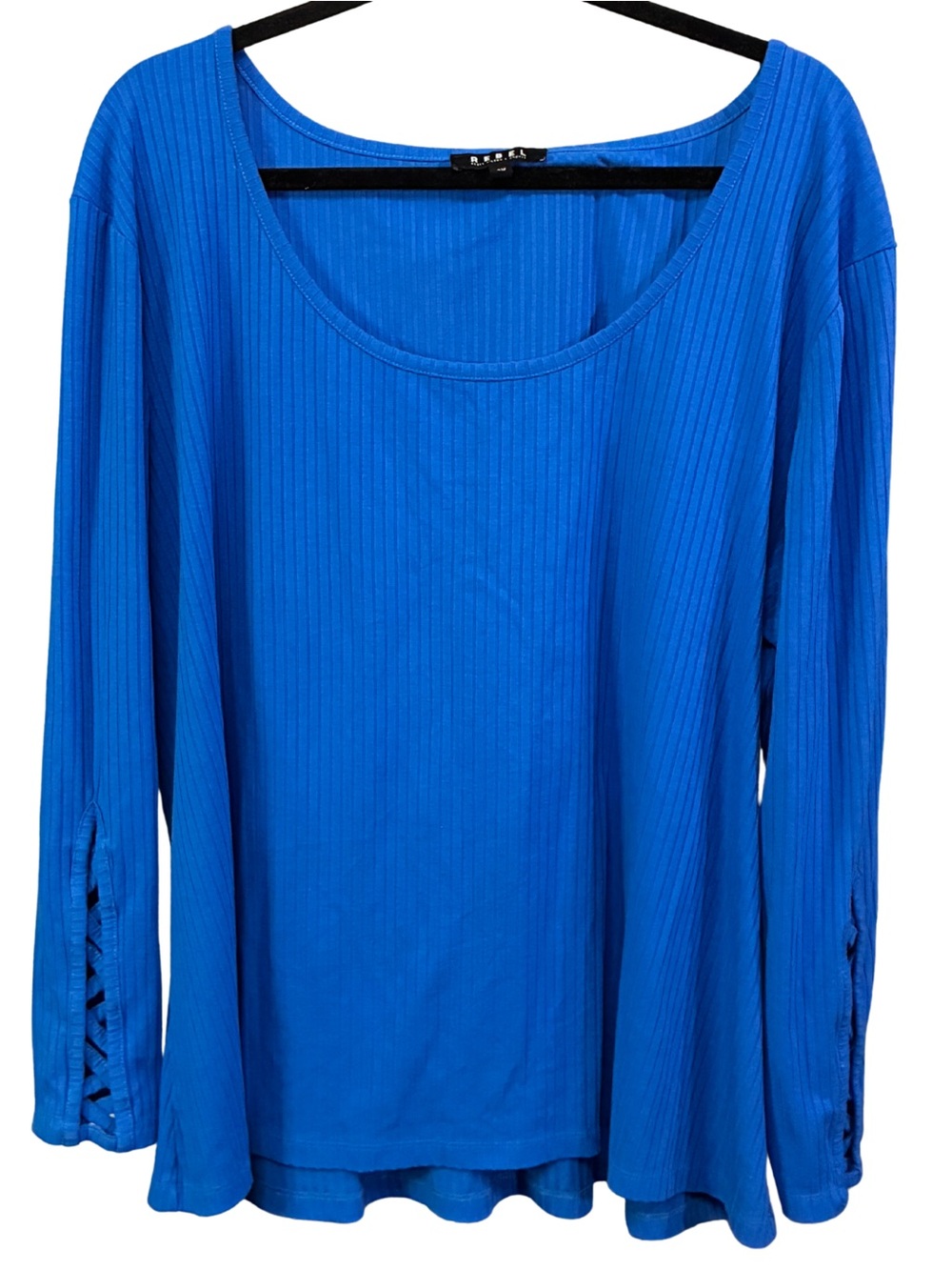 Angels Blue Ribbed Long Sleeve Top with Sleeve Lattice Detail